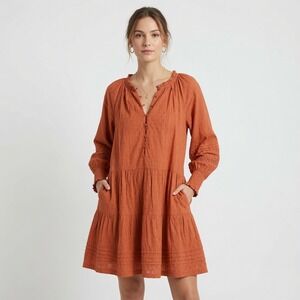 Cleobella Meadow Long Sleeve Organic Cotton Dobby Dress XL Burnt Orange Mini